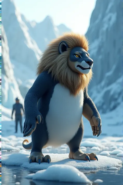 hybrid fusion of penguin and lion give me ice  background in4k