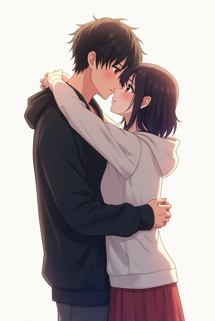 An anime boy with a black sweatshirt with a girl kissing him, she is also wearing a sweatshirt but the color is white and the girl has black eyes and the boy has red eyes, they are in a white and empty place hugging and kissing each other. 