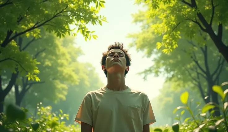 A motivated person, breathing fresh air watching the wind sway the leaves on the trees , very real image, different angle 