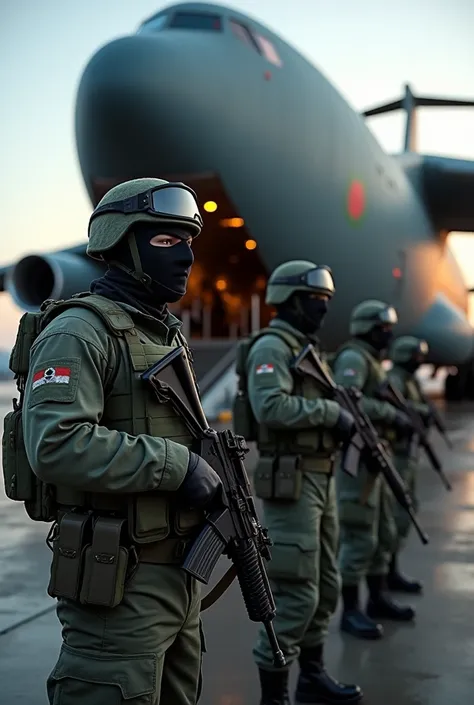 Bangladesh special forces with mask going up with the transfer military transport plane  with holding Bangladesh flag 