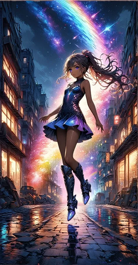 Young girl, 12 years, With a lace galaxy dress, short skirt, high armored boots, galaxy boots, shiny rainbow eyes color, showing the whole body; brown skin color; black curly long hair ((purple bow in her hair)) ponytail hairstyle((levitating, flying)) Hig...