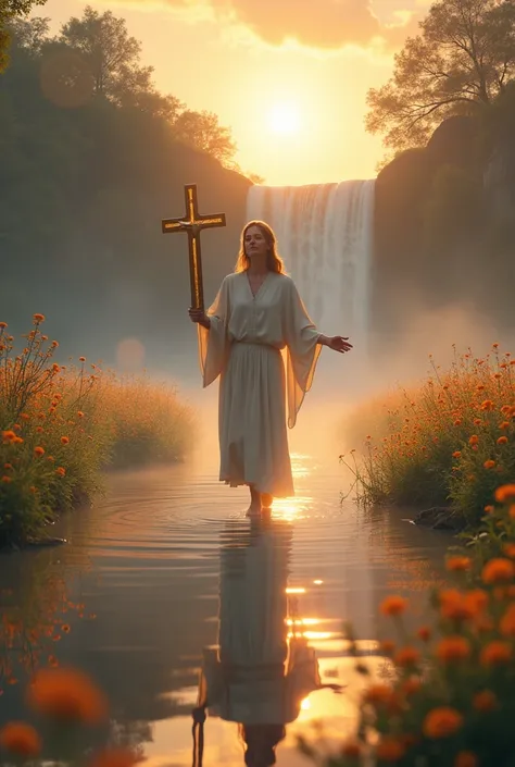 Chrétienne marche sur leau tient une croix couché de soleil brume bible cascade champs de fleurs