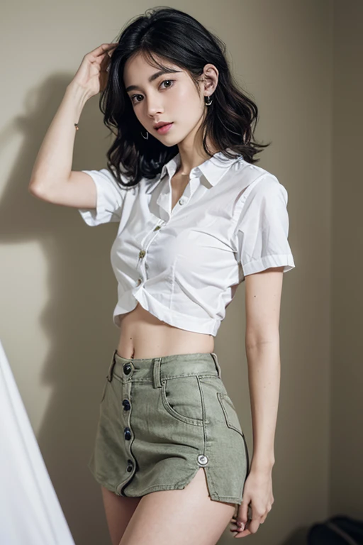 Top quality, RAW Photo, Highest Quality Image, 16K, Full body, Age 22, Realistic, Photorealistic,  Beautiful Asian woman, Sexy, body, White pale skin, ((( Multicolor Hair ))), ((( Short and wavy hairstyle ))), Modern hairstyles, Detailed face, Detailed bod...