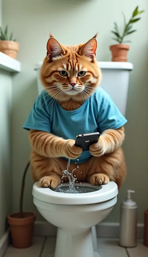 A brown cat is watching mobile and sitting on toilet like a human wearing blue t-shirt and without pant and suddenly the mobile fall into the toilet and the water up