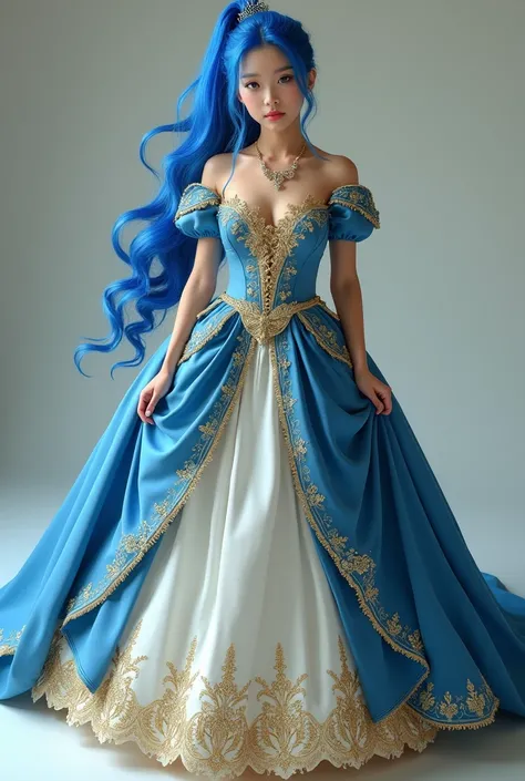 Blue haired girl with ponytail, in elegant blue white gold ball gown with gold patterns, complete body picture from the front