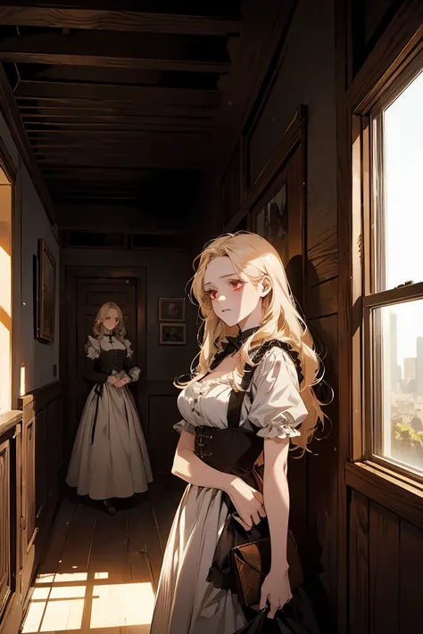 "(masterpiece, high resolution:1.3), Close up, A one blonde-haired woman with long hair and red eyes, sad gently. She is dressed in an old, tattered maid outfit, standing in an ancient, worn-down house. The house features wooden beams and stone walls, dust...