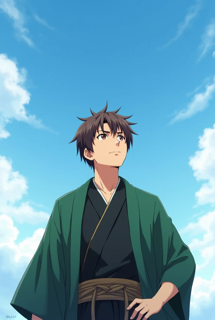 Exact model of Kamado Tanjiro from demon slayer looking at the sky with beautiful clouds in clear hd quality for my screen 