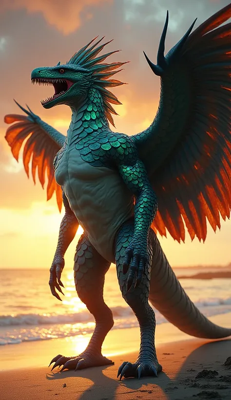 A massive, muscular creature with the body of a shark and the head of a bird stands on a sandy beach. Its scales are a vibrant blue and green, and its feathers are multicolored. The creatures powerful wings are spread wide, and its sharp teeth are visible ...