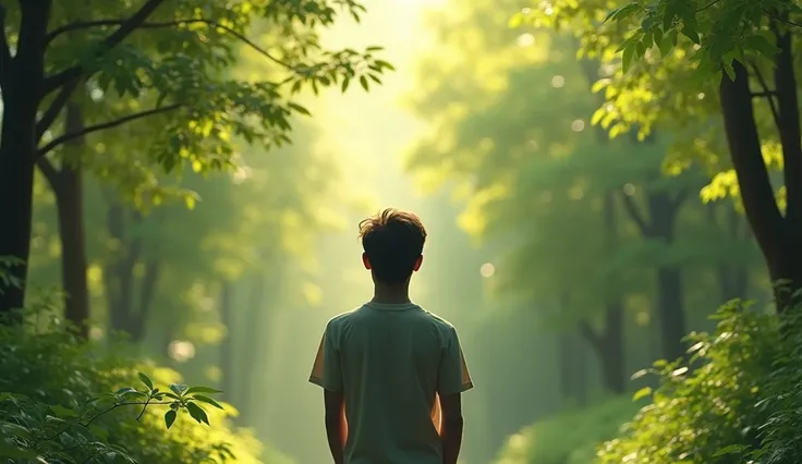 A motivated person, breathing fresh air watching the wind sway the leaves on the trees , seems to be in a park, very real image, different angle 