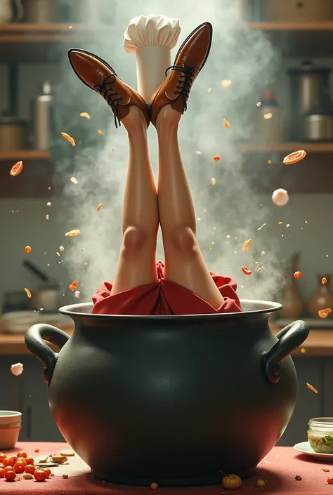 Beautiful chef has her head stuck inside a pot. His head is not seen because it is inside the cauldron and only his legs are sticking up kicking.. She is wearing oxford shoes and a skirt.