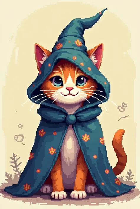 cat with wizard&#39;s cape covering its ears, Pixelart style