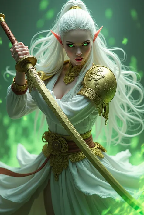 (best quality,4k,8k,highres,masterpiece:1.2), ultra-detailed, (realistic,photorealistic,photo-realistic:1.37), terrifying white elf girl with the appearance of a elfen armor, the most stunning face in the Galaxy, glowing eyes, dynamic poses, , samurai swor...