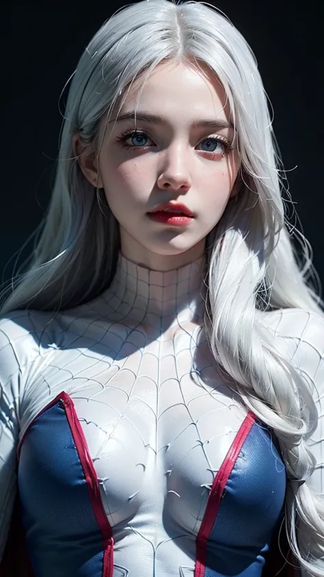 ((Beautiful Face:1.2)),((realistic:1.2)),(masterpiece, 4K resolution, Ultra-realistic, Very detailed), (White costume superhero theme, Charisma, Girl on top of the city,(( white spiderman costume:1.0)),Wearing, (Super Heroine), [((2), (Long white hair:1.2)...