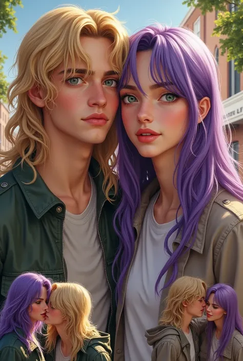 Photo collage, man with long wavy blond hair with his friend at different times, man with long straight purple hair and light green eyes, realistic image. 