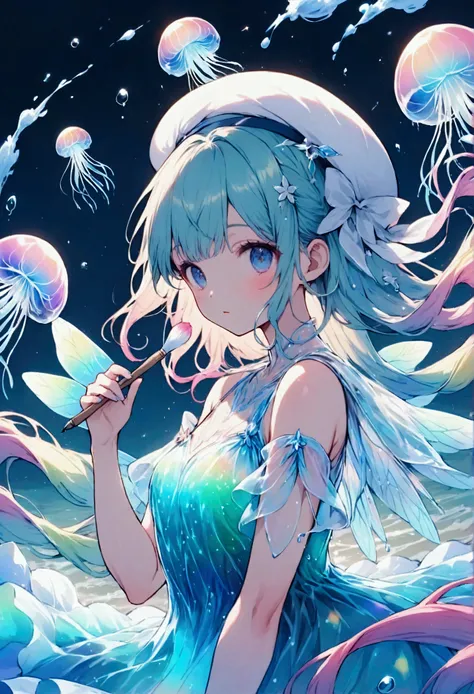 A small sea fairy with a transparent blue body resembling a water droplet, delicate jellyfish-like wings on its back, and a stylish artists beret on its head. The fairy is holding a paintbrush in its hand, flying through the air, and using the waves and wi...