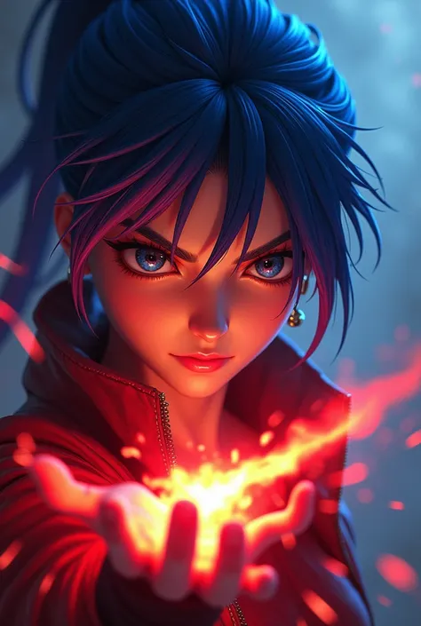 A breathtaking, cinematic close-up of Leona Heidern, the iconic character from the King of Fighters series, captured in ultra-detailed, photorealistic digital art. Her piercing gaze is intensified by the dramatic, vibrant red and blue hues that engulf her ...