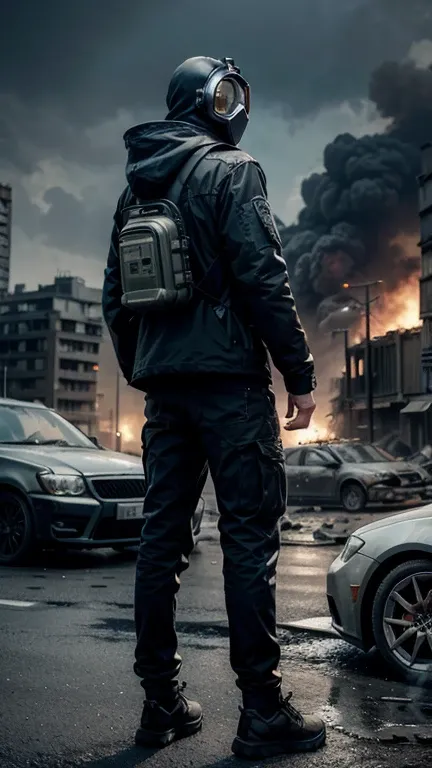 man with gas mask seen from behind, full body, protective sunglasses, anti toxic gas clothing with hood, background with destroyed city, hyper realistic, Extreme realism, grayscales, destroyed cars in the background, smoke in the air