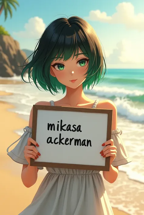 Beautiful girl with short green and black flat hair, Beach dress, holding a whiteboard with the text "mikasa ackerman" and showing it to the viewer