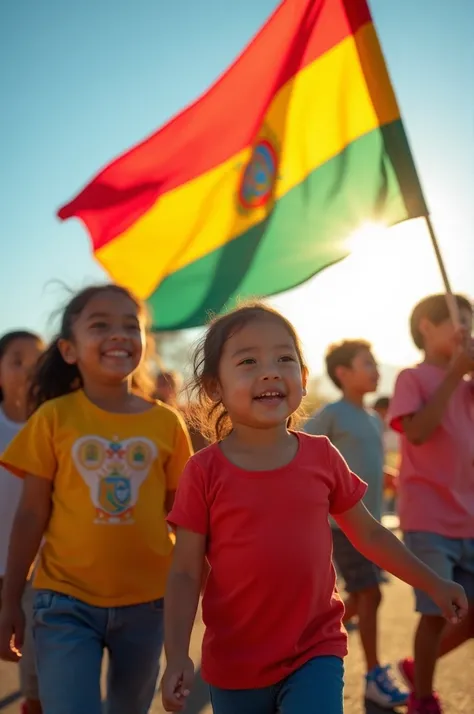 Children marching with the Bolivian flag in the sun