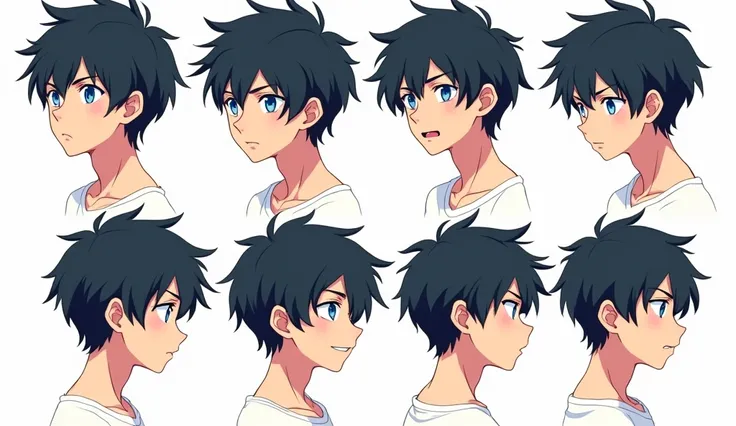 anime style, character sheet, different points of view, different expressions, Teenage boy, light skin, Blue eyes, dark hair