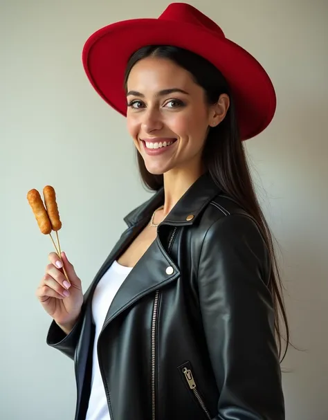 realistic waist up photo, Russian girl is cheerful, Professional waist-up photo , in a white shirt, black leather jacket, red hat with wide brim, round head, dark long hair, sweet smile, looks directly at the viewer, side view, light background, holds two ...