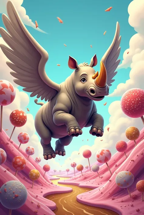 Un rhinoceros avec des ailes dans un paysage de bonbon en style cartoon