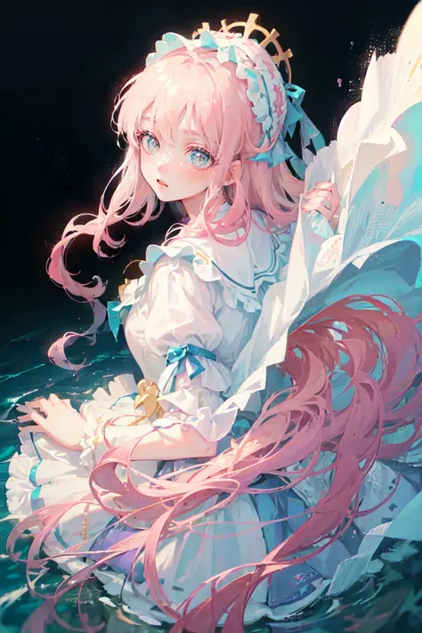 Front View of a person, Full-body Shot of a person, standing on the surface of water in 4K resolution, around 20 years old, (one female), smiling, (light pink hair:1.0, fluffy hair:1.0, long hair:1.0, half-up style:1.5 (light blue and light purple eyes:1.0...