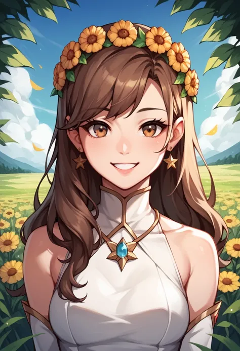 score_9, score_8_up, score_7_up, score_6_up, score_5_up, score_4_up, source_anime, 1woman,lora:amber1-000008:1>, amber5star, upper body, smile, worth, brown hair, a wreath of flowers, long hair, brown eyes, white dress, thigh high boots, thin legs, looking...