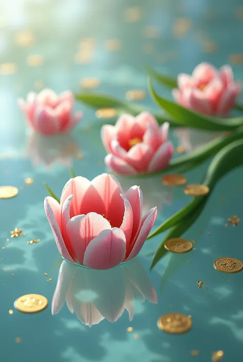 A tulip wallpaper, in crystal clear water and gold coins