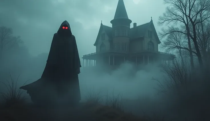 The silhouette of the witch emerging from a dense fog, her eyes glowing red, standing tall near the haunted mansion.