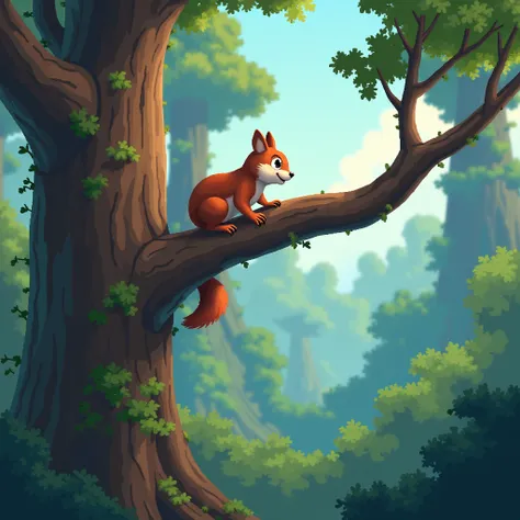 Oliver squirrel is halfway up the tree, clinging tightly to a branch. He glances down and looks frightened, his legs shaking. The view of the forest floor below seems distant and intimidating. 3d pixer style