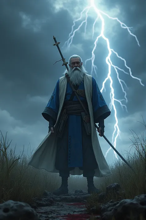 Isshin, the Sword Saint is a legendary warrior and the founder of the Ashina Clan. He is an old man with white hair and beard, wearing a blue kimono with black patterns and a white cloak. He carries a katana and a spear. He also has a gun hidden in his sle...