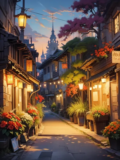 a painting of a street with lanterns and flowers on the side, anime background art, anime art wallpaper 8k, beautiful anime scenery, anime art wallpaper 4k, anime art wallpaper 4k, background art, town background, detailed scenery —, Italy street, street b...