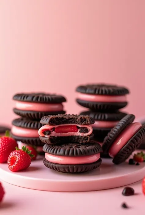 Create some Oreo-type cookies but the cookie is brown and the filling is strawberry., pinkish color