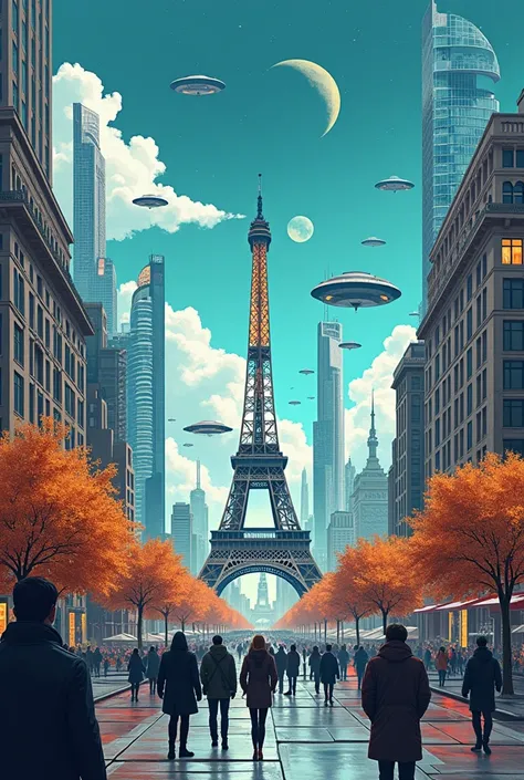 Représentation de Paris le 31 décembre 2099 très futuriste dans un style graphique. Bande dessinée française 2D des coups de crayon doivent être extrêmement détaillés. Les couleurs harmonieuses tout doit être extrêmement détaillé et finement réalisé