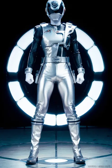 1 child, white, full body, illustration, cinematic light, High resolution, The best quality, ultra detailed, masterpiece, power I wore a, powerranger, I wore a, spd, (Silver ranger I wore a))