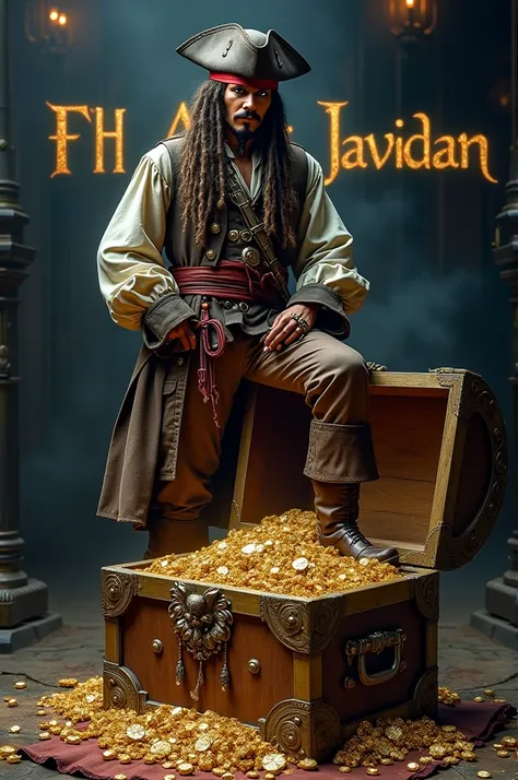 A chest of gold and ornaments with Jack Sparrow standing next to it and putting one foot on the door of the chest, and behind Jack is written FH Ali javidan