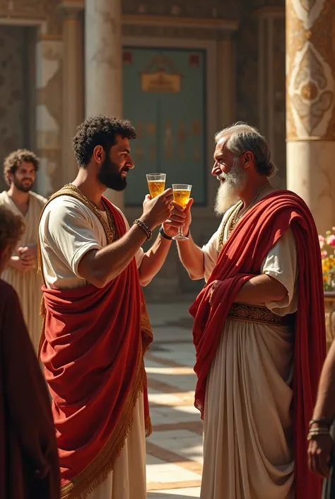 TWO MEN FROM ANCIENT ROME, CELEBRATING A CONTRACT