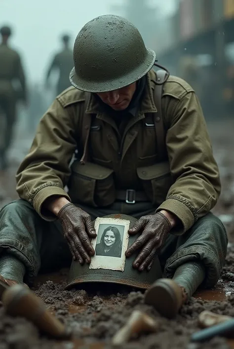 A soldier’s helmet, covered in mud and dirt, rests on the soldier’s muddy knees as he sits in the muck of a chaotic war zone. The helmet, stained and battered from days of combat, contains a photograph of his beloved, which is slightly worn and weathered. ...