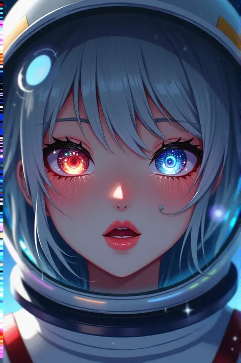 Close-up of an improved masterpiece:1.5)0.9], (Space and astronauts:1.2) (Messy silver hair:1.1) (Heterochromia: xanthochromia and blue eyes:1.2) (Space helmet:1.0) (Colourful stars in the eyes:1.0) (A radiant glow:1.1) (thick lips:0.9)