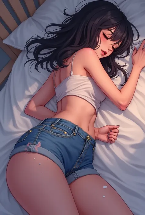 Anime girl,Attractive,Who was sleeping unconsciously,chest, Open your mouth, Close your eyes, tongue, แลบtongue, saliva, salivaไหล,There is white semen on the buttocks.,Sleep on your back,Big butt,Jeans shorts,Chubby thighs,Chubby ass