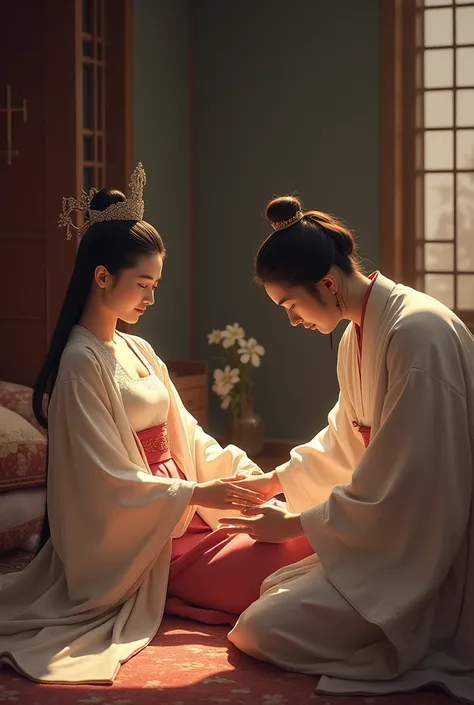 A Korean queen in past
One of her servant is rubbing her solves of feet
His feet are big white and soft
Queen is lying down comfortable
Korean queen is 4
Picture should show queen and servant
