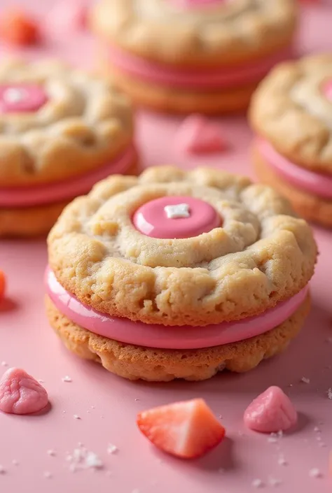 Create some Oreo-type cookies but make the cookie light brown., and the strawberry filling, pinkish color