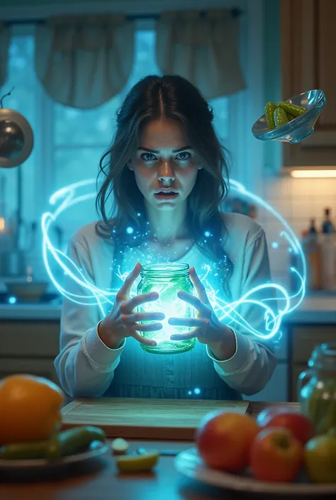 A frustrated young woman in a cozy kitchen, struggling to open a glass jar of pickles. Her face contorts with effort, arms tensed, as she grips the jar tightly. Suddenly, a burst of vibrant, electric blue energy emanates from her hands, enveloping the jar....