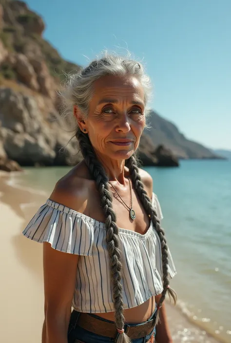 street photography of a skinny old woman as a ((warrior)) with ((Dutch braids)) wearing a (lip ring),  dressed in off-shoulder top,  white with stripes,  casual shorts,  sandy beach,  rocky terrain,  calm sea,  clear sky,  one leg extended,  leaning back, ...