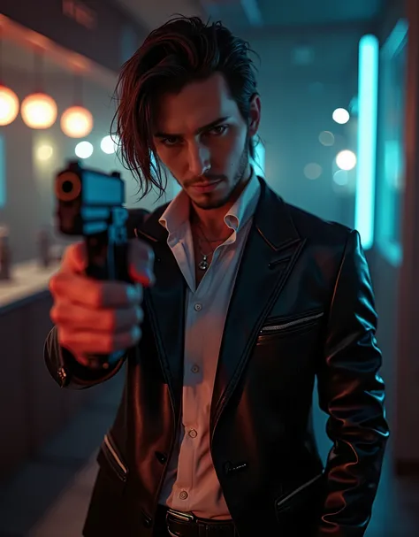 8k, masterpiece, best quality, hires, detailed, there is a man in a suit holding a gun in a room, glock 17 handgun, skinny male hispanic, in cyberpunk style, cyberpunk style ，hyperrealistic, wearing cyberpunk leather jacket, seductive cyberpunk dark fantas...