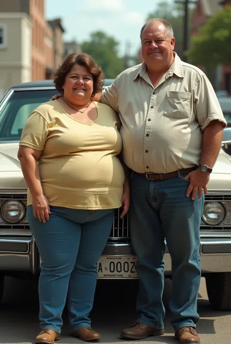 An obese young man and an obese young woman next to a Cadillac