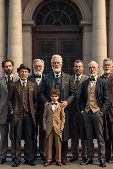 Create a group photo of 9 men and a child in front of a building