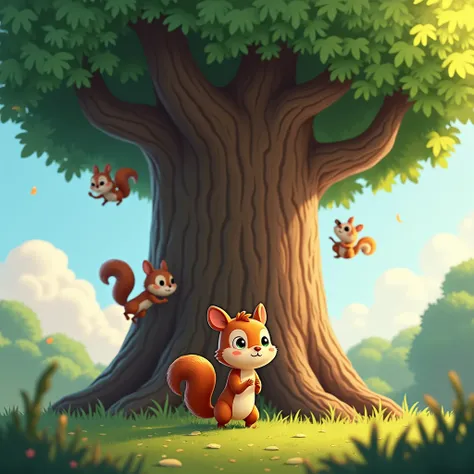 A small squirrel named Oliver, with soft brown fur, stands at the foot of an enormous oak tree, looking up nervously. The tree stretches high above, with sunlight filtering through the green leaves. Other squirrels are already climbing the tree, their tail...