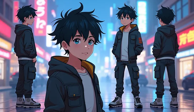 anime style, detailed character sheet, different points of view, full body, Teenage boy,, light skin, Blue eyes, dark hair, casual clothes, cyberpunk